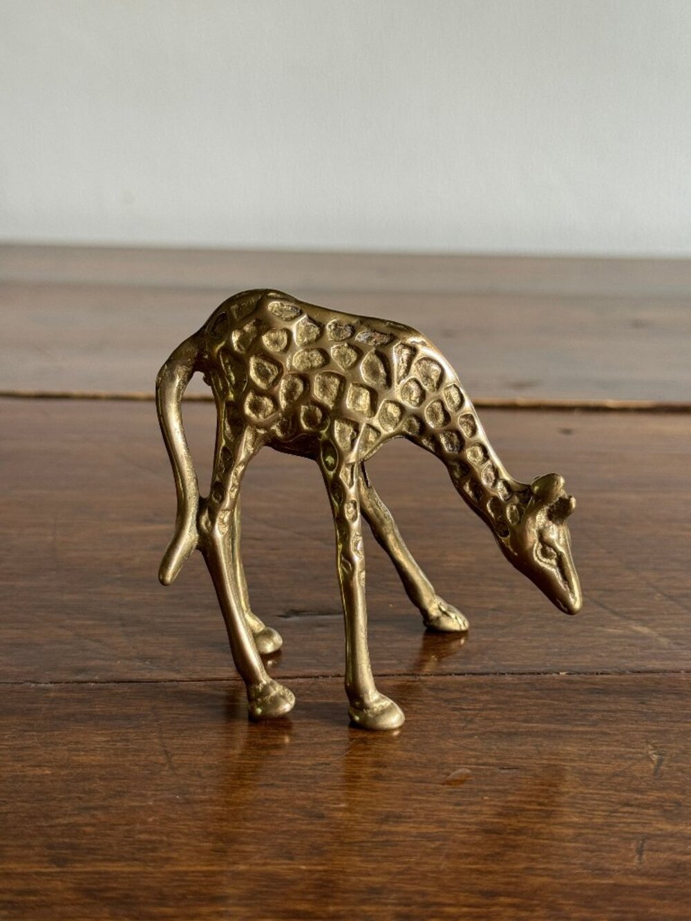 Small Brass Giraffe Figurine - Vintage Brass Grazing Giraffe